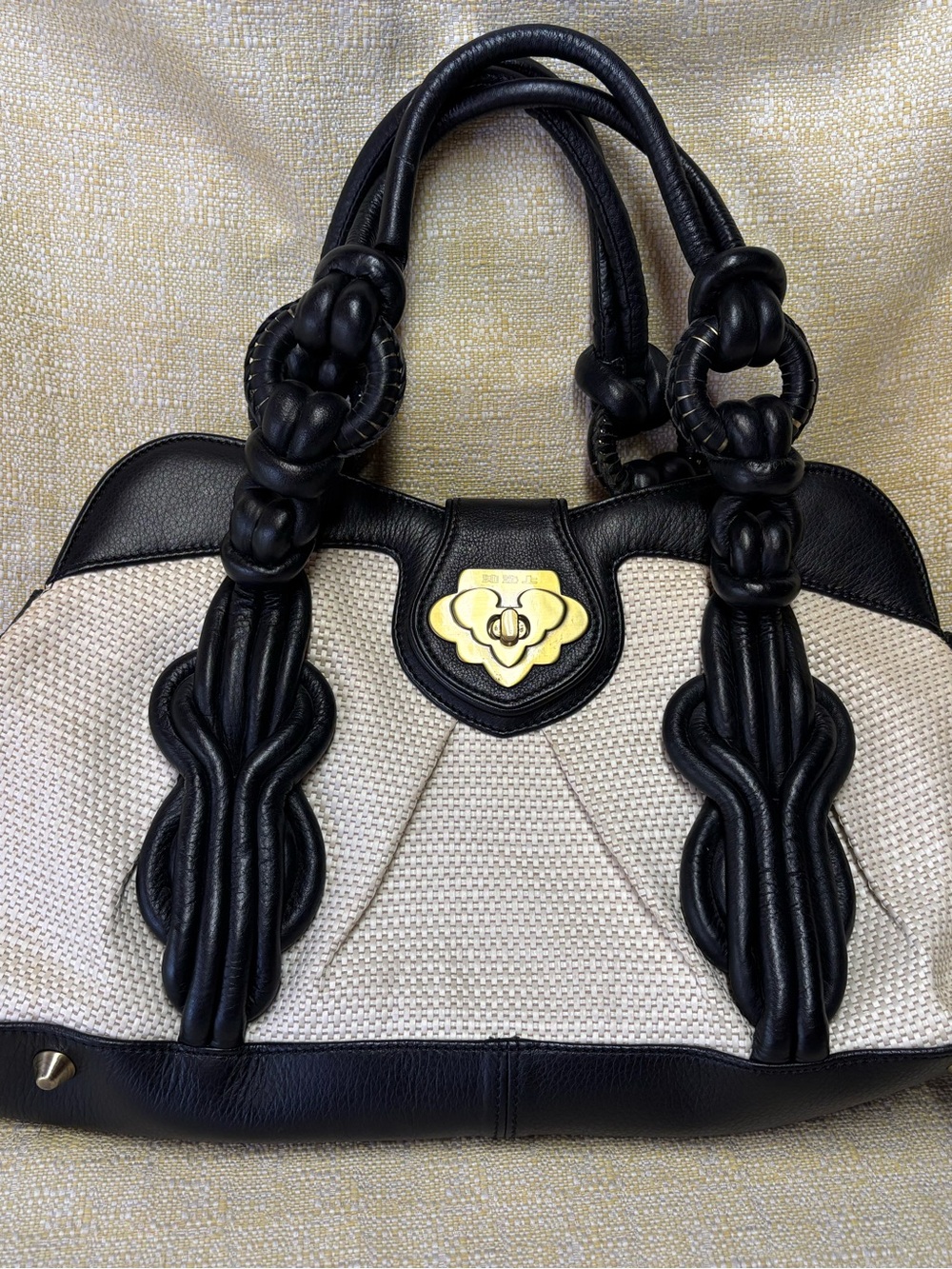 Black and Cream Knotted Handle Shoulder Bag